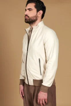 Uomo D'Arienzo 106 - Giubbotto bomber in pelle color crema con profili a contrasto fango