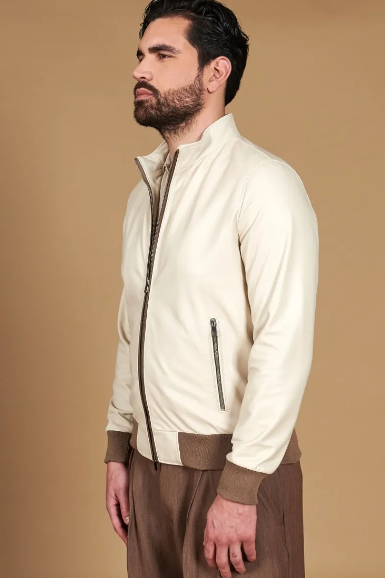 Uomo D'Arienzo 106 - Giubbotto bomber in pelle color crema con profili a contrasto fango