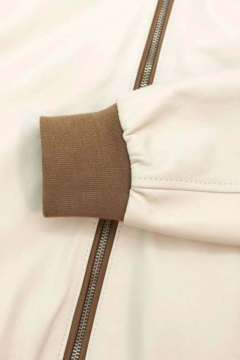 Uomo D'Arienzo 106 - Giubbotto bomber in pelle color crema con profili a contrasto fango