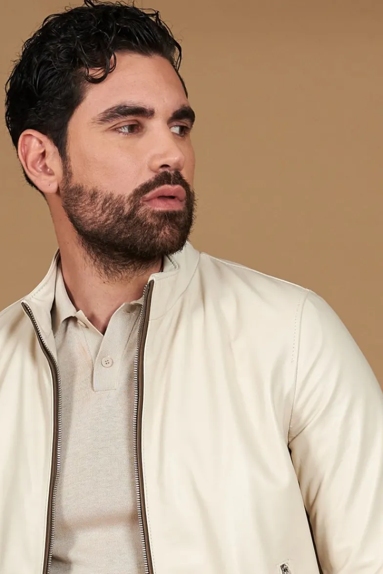 Uomo D'Arienzo 106 - Giubbotto bomber in pelle color crema con profili a contrasto fango