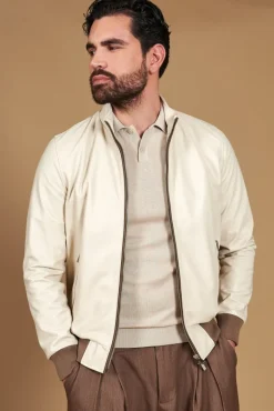 Uomo D'Arienzo 106 - Giubbotto bomber in pelle color crema con profili a contrasto fango