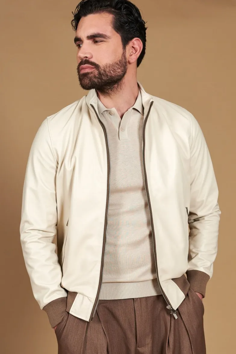 Uomo D'Arienzo 106 - Giubbotto bomber in pelle color crema con profili a contrasto fango