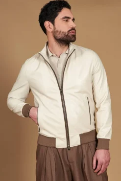 Uomo D'Arienzo 106 - Giubbotto bomber in pelle color crema con profili a contrasto fango
