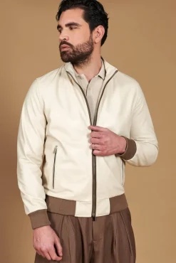 Uomo D'Arienzo 106 - Giubbotto bomber in pelle color crema con profili a contrasto fango