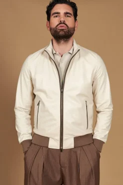 Uomo D'Arienzo 106 - Giubbotto bomber in pelle color crema con profili a contrasto fango