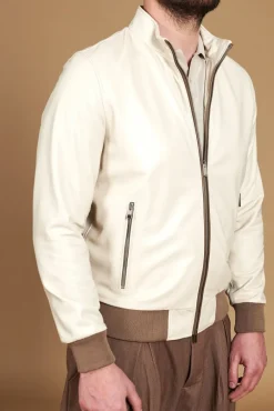 Uomo D'Arienzo 106 - Giubbotto bomber in pelle color crema con profili a contrasto fango