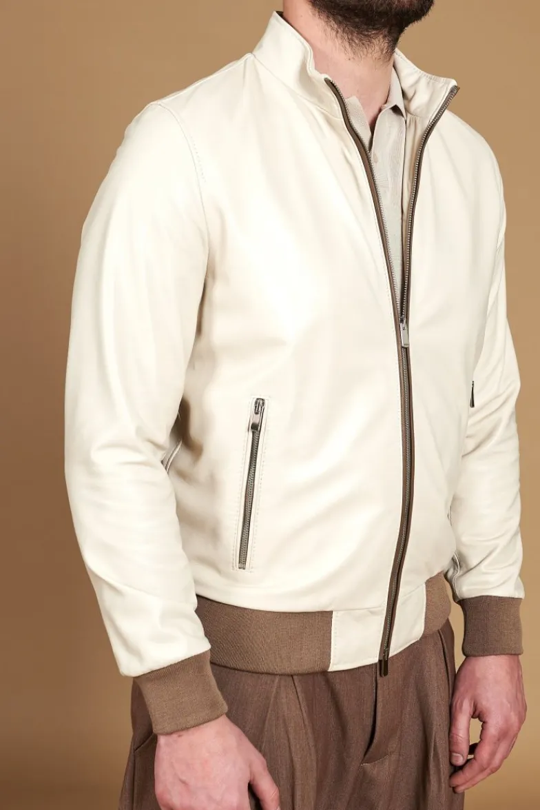 Uomo D'Arienzo 106 - Giubbotto bomber in pelle color crema con profili a contrasto fango