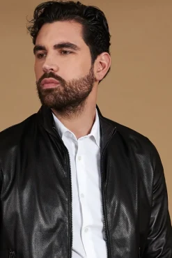 Uomo D'Arienzo 106 - Giubbotto bomber in pelle traforata colore nero elastico a tono