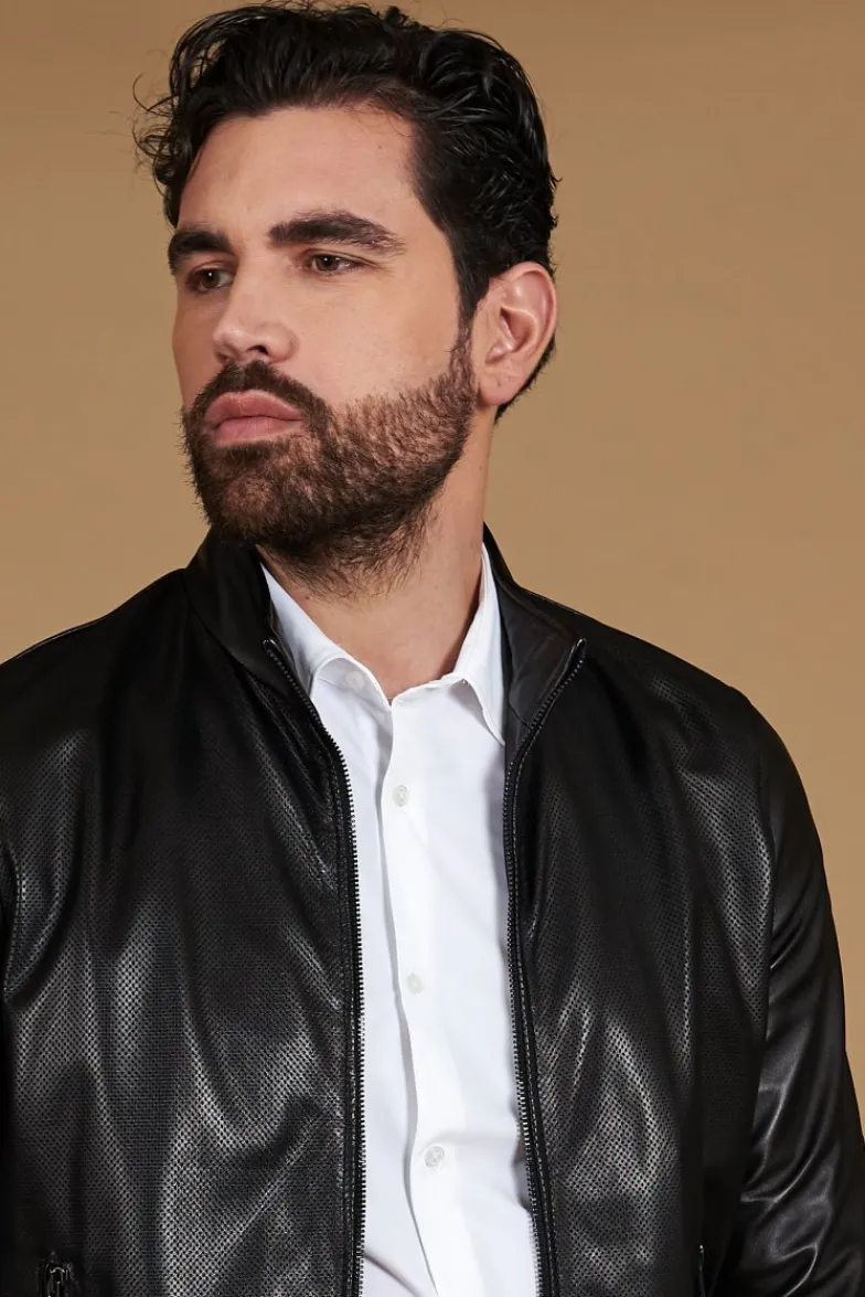 Uomo D'Arienzo 106 - Giubbotto bomber in pelle traforata colore nero elastico a tono