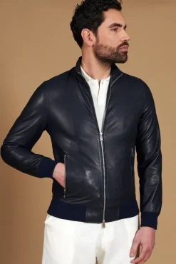 Uomo D'Arienzo 106 - Giubbotto bomber in pelle traforata colore blu elastico a tono