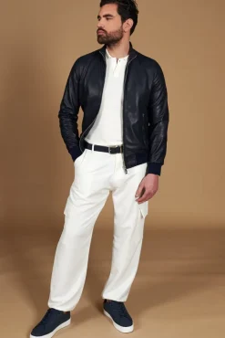 Uomo D'Arienzo 106 - Giubbotto bomber in pelle traforata colore blu elastico a tono