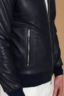Uomo D'Arienzo 106 - Giubbotto bomber in pelle traforata colore blu elastico a tono