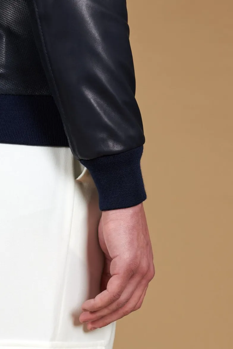 Uomo D'Arienzo 106 - Giubbotto bomber in pelle traforata colore blu elastico a tono