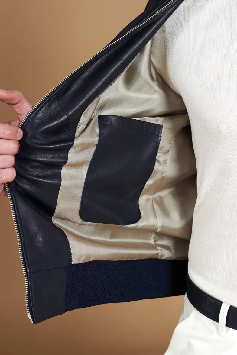Uomo D'Arienzo 106 - Giubbotto bomber in pelle traforata colore blu elastico a tono