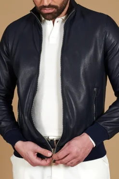 Uomo D'Arienzo 106 - Giubbotto bomber in pelle traforata colore blu elastico a tono