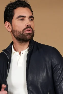 Uomo D'Arienzo 106 - Giubbotto bomber in pelle traforata colore blu elastico a tono