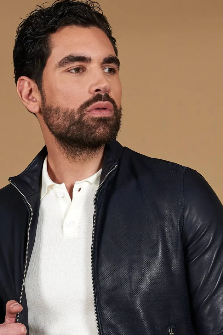 Uomo D'Arienzo 106 - Giubbotto bomber in pelle traforata colore blu elastico a tono