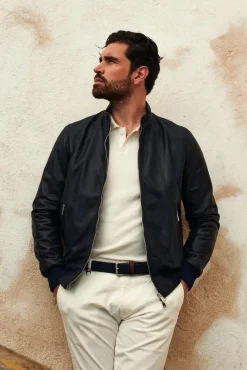 Uomo D'Arienzo 106 - Giubbotto bomber in pelle traforata colore blu elastico a tono