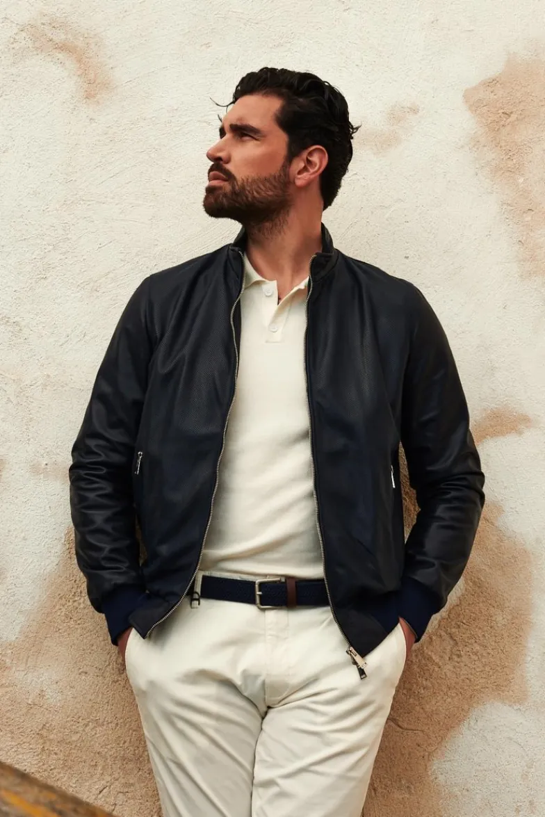 Uomo D'Arienzo 106 - Giubbotto bomber in pelle traforata colore blu elastico a tono