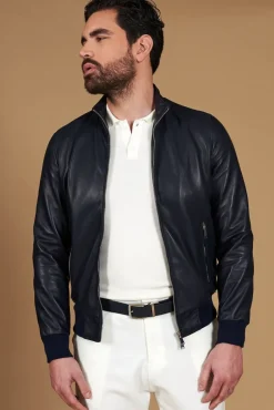 Uomo D'Arienzo 106 - Giubbotto bomber in pelle traforata colore blu elastico a tono