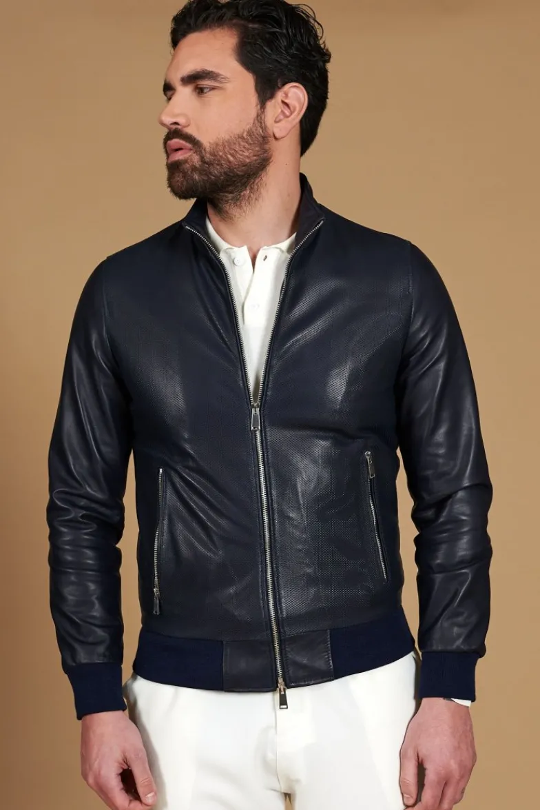 Uomo D'Arienzo 106 - Giubbotto bomber in pelle traforata colore blu elastico a tono