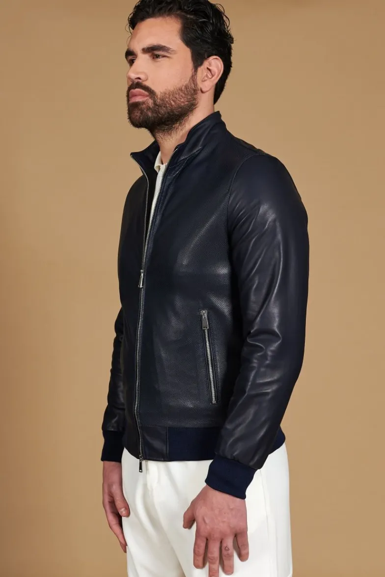 Uomo D'Arienzo 106 - Giubbotto bomber in pelle traforata colore blu elastico a tono