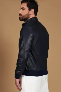 Uomo D'Arienzo 106 - Giubbotto bomber in pelle traforata colore blu elastico a tono