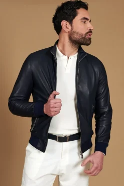 Uomo D'Arienzo 106 - Giubbotto bomber in pelle traforata colore blu elastico a tono