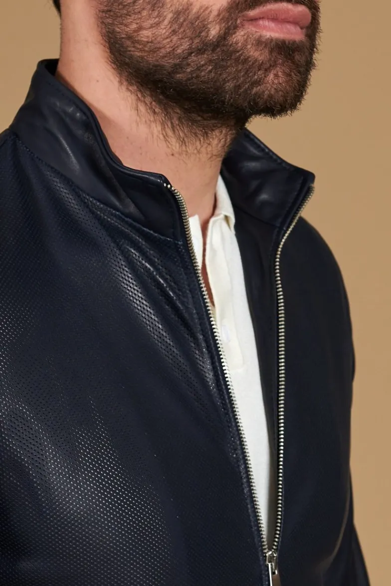 Uomo D'Arienzo 106 - Giubbotto bomber in pelle traforata colore blu elastico a tono