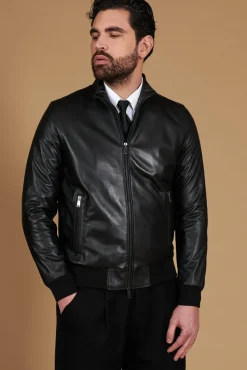 Uomo D'Arienzo 106 - Giubbotto Bomber in pelle nera nappa effetto liscio