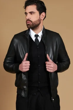 Uomo D'Arienzo 106 - Giubbotto Bomber in pelle nera nappa effetto liscio