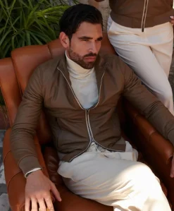 Uomo D'Arienzo 106 - Giubbotto bomber in pelle color fango con profili a contrasto
