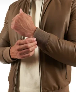 Uomo D'Arienzo 106 - Giubbotto bomber in pelle color fango con profili a contrasto