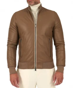 Uomo D'Arienzo 106 - Giubbotto bomber in pelle color fango con profili a contrasto