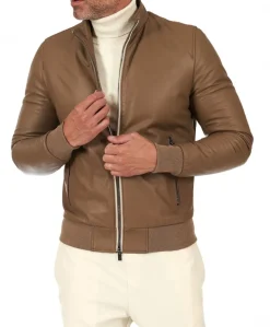 Uomo D'Arienzo 106 - Giubbotto bomber in pelle color fango con profili a contrasto