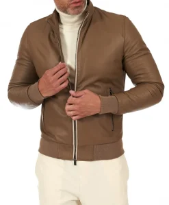 Uomo D'Arienzo 106 - Giubbotto bomber in pelle color fango con profili a contrasto