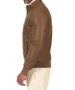 Uomo D'Arienzo 106 - Giubbotto bomber in pelle color fango con profili a contrasto