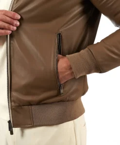 Uomo D'Arienzo 106 - Giubbotto bomber in pelle color fango con profili a contrasto
