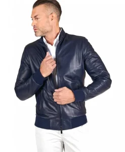 Uomo D'Arienzo 106 - Giubbotto Bomber in pelle blu nappa effetto liscio