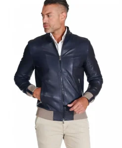 Uomo D'Arienzo 106 - Giubbotto bomber in pelle naturale blu lana a contrasto beige