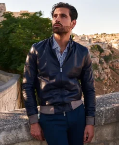 Uomo D'Arienzo 106 - Giubbotto bomber in pelle naturale blu lana a contrasto beige