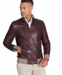 Uomo D'Arienzo 106 - Giubbotto bomber in pelle naturale bordeaux lana a contrasto beige
