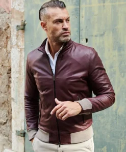 Uomo D'Arienzo 106 - Giubbotto bomber in pelle naturale bordeaux lana a contrasto beige