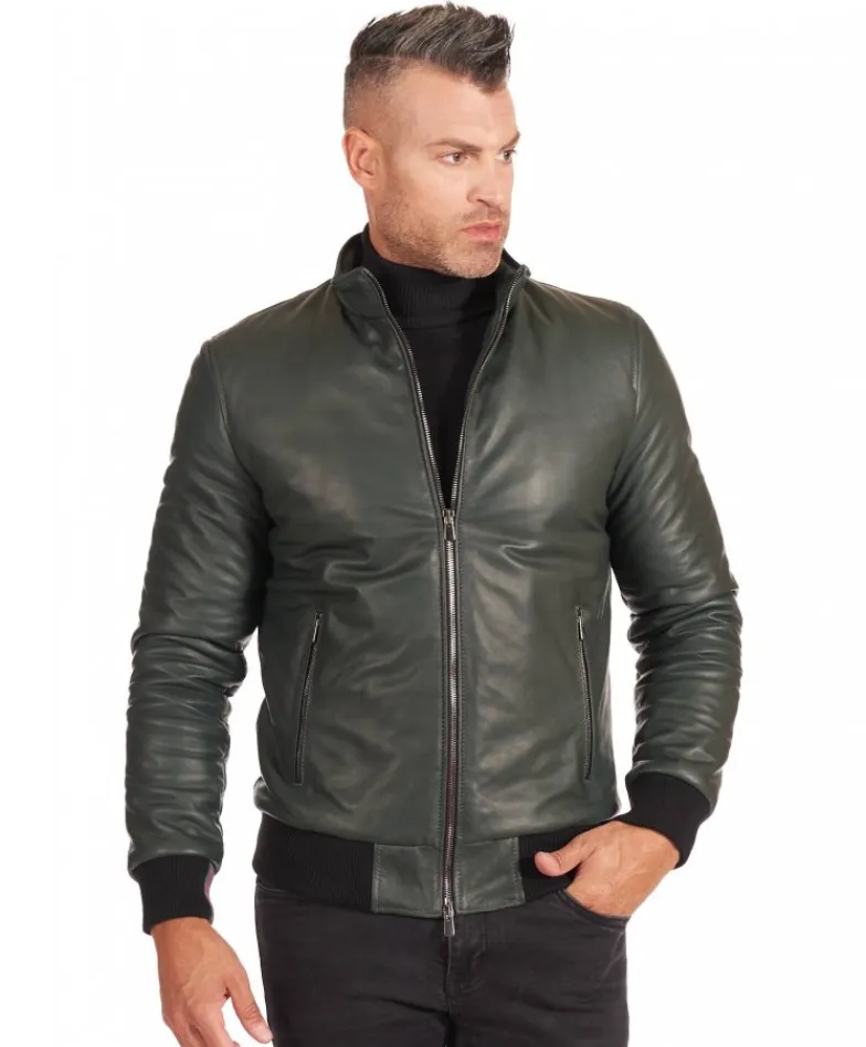 Uomo D'Arienzo 106 - Giubbotto Bomber in pelle verde naturale effetto liscio