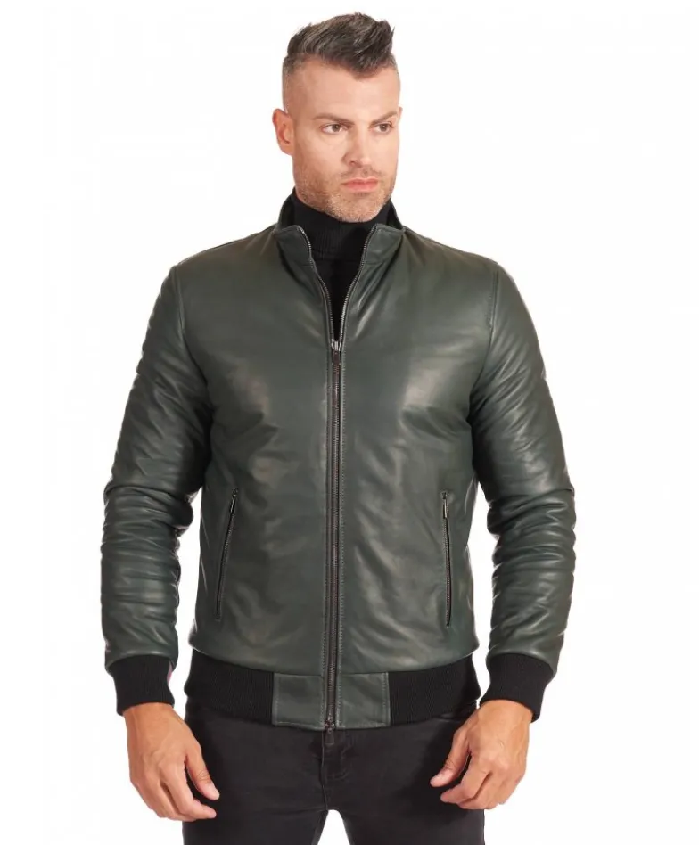Uomo D'Arienzo 106 - Giubbotto Bomber in pelle verde naturale effetto liscio