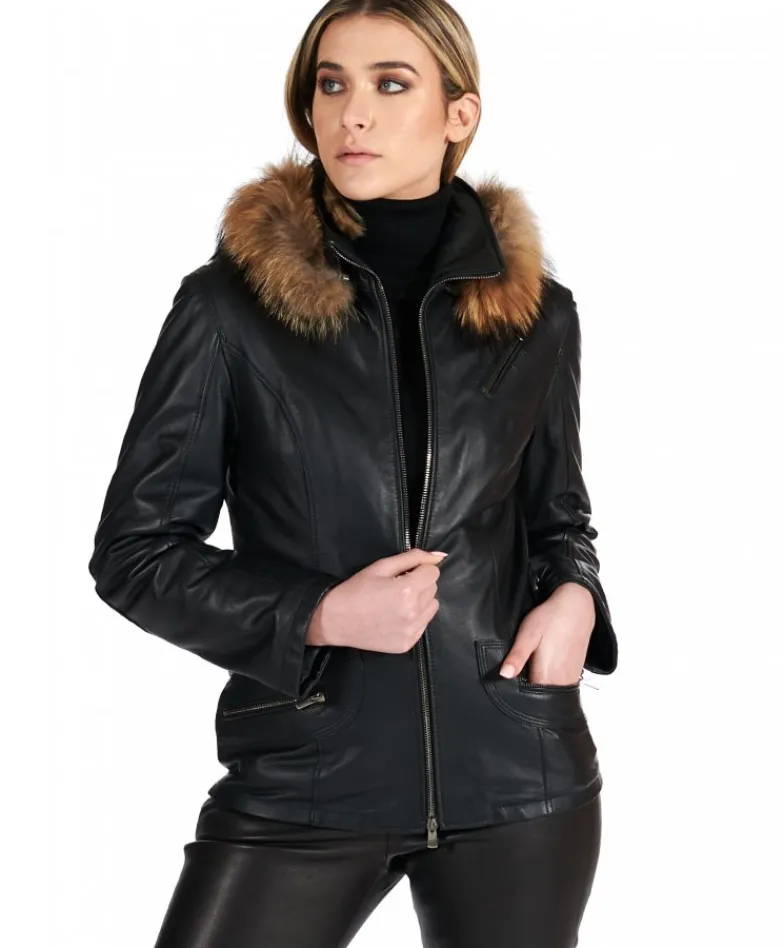 Donna D'Arienzo 627 - Parka in pelle nera con cappuccio in pelliccia effetto liscio