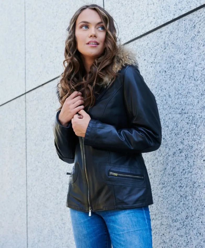 Donna D'Arienzo 627 - Parka in pelle nera con cappuccio in pelliccia effetto liscio