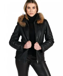 Donna D'Arienzo 627 - Parka in pelle nera con cappuccio in pelliccia effetto liscio