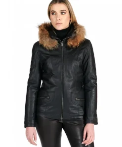 Donna D'Arienzo 627 - Parka in pelle nera con cappuccio in pelliccia effetto liscio