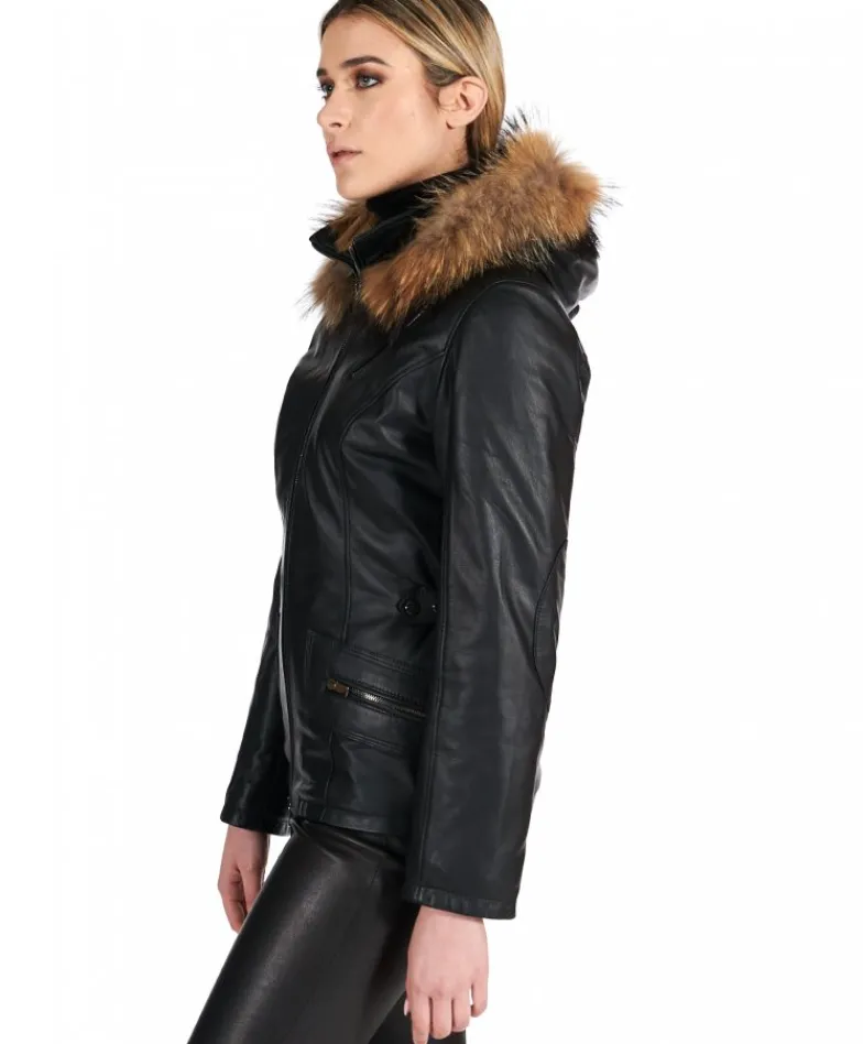 Donna D'Arienzo 627 - Parka in pelle nera con cappuccio in pelliccia effetto liscio